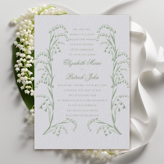Invitation Faux Embossed Lily Valley Ivory Green Wedding