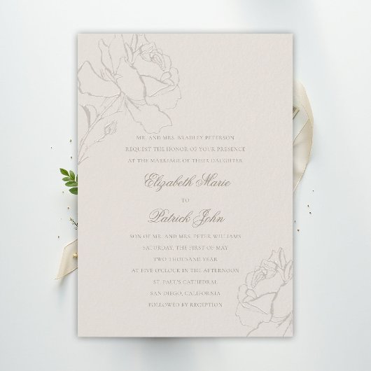 Invitation Faux Embossed Roses Ecru Formal Parents Wedding