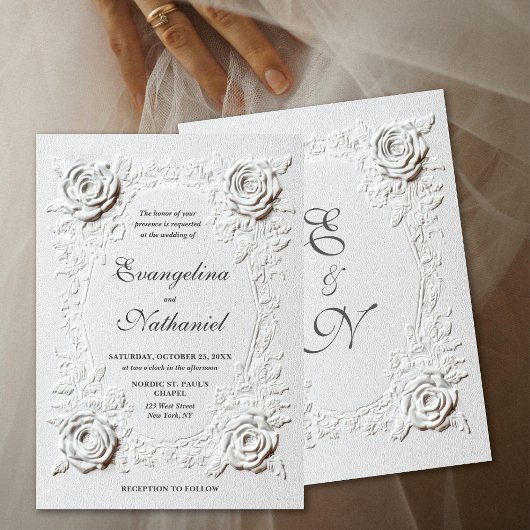 Invitation Faux Embossed Roses Elegant Script Formal Wedding