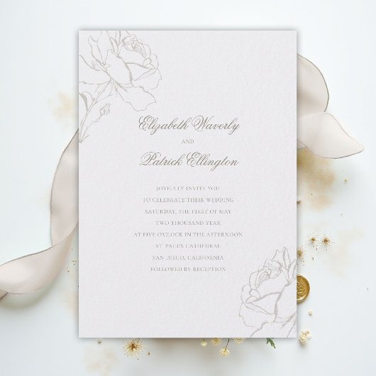 Invitation Faux Embossed Roses Pearl Modern Classic Wedding