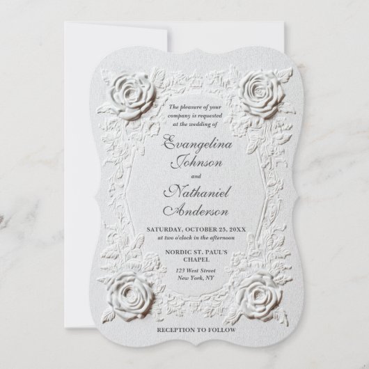 Invitation  Faux Embossed Roses Script Elegant Formal Wedding (Devant)
