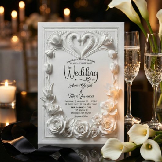 Invitation Faux Embossed White Floral Relief Monogram Wedding