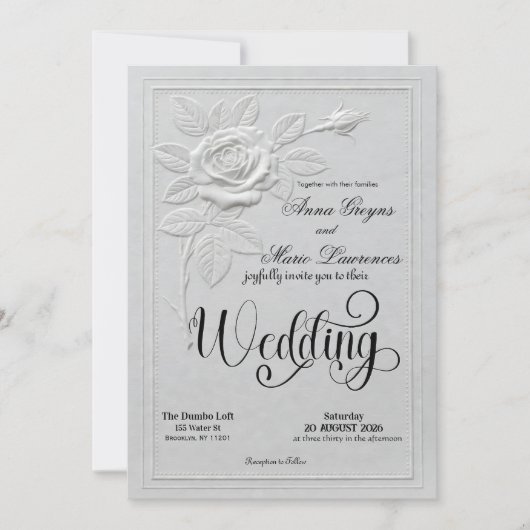 Invitation Faux Embossed White Rose Formal Wedding (Devant)