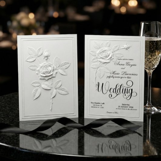 Invitation Faux Embossed White Rose Formal Wedding
