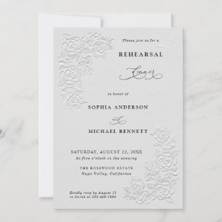 Invitation Faux Embossed White Roses Wedding Rehearsal Dinner