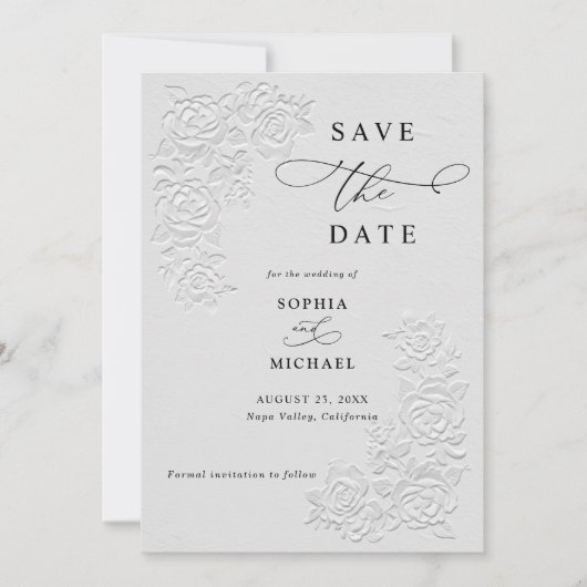 Invitation Faux Embossed White Roses Wedding Save the Date  (Devant)