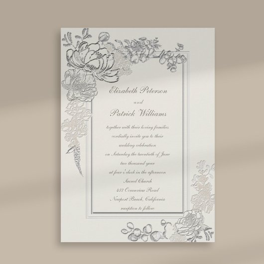 Invitation Faux Embossés Peonies 2 Cadres Mariage de calligra