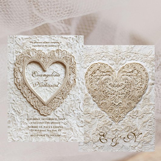 Invitation Faux Embroidery Timeless Lace Heart Formal Wedding