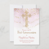 Invitation Faux feuille d'or croix sainte Première communion (Devant)