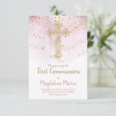 Invitation Faux feuille d'or croix sainte Première communion (Debout devant)