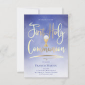 Invitation FAUX feuille d'or script sur bleu | Première commu (Devant)