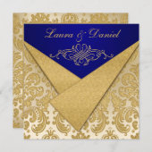 Invitation FAUX FLAPS Bleu, Gold Damask Anniversaire Invitati (Devant / Derrière)