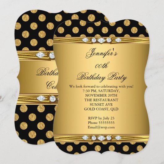 Invitation Faux Foil Gold Black Pois Diamond Anniversaire (Devant / Derrière)