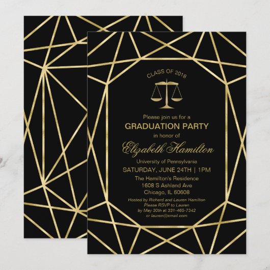 Invitation Faux Foil Gold Geometry Law School Grad Party (Devant / Derrière)
