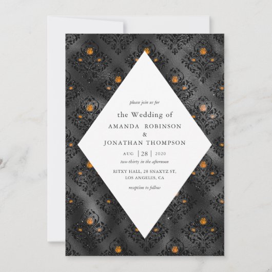 Invitation Faux Foil orange et noir Mariage damassé (Devant)
