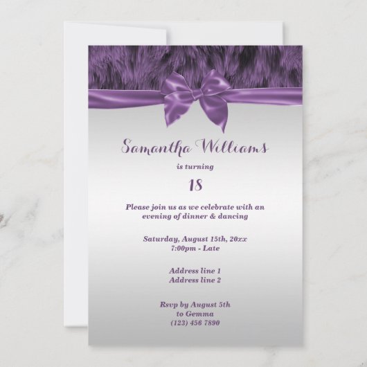 Invitation Faux Fourrure & Bow pourpre 18e anniversaire (Dos)