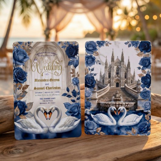 Invitation Faux Gold & Bronze Swans Marble Cathedral Wedding