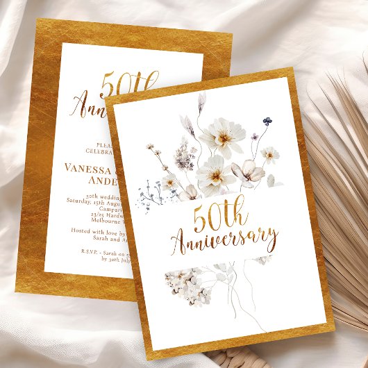 Invitation Faux Gold Calligraphie Floral 50e anniversaire