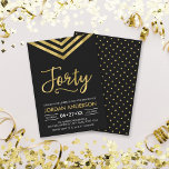 Invitation Faux Gold Chevron fête 40e anniversaire<br><div class="desc">Invitation moderne 40ème anniversaire avec un élégant chevron géométrique et le mot "Quarante" en faux or contre un arrière - plan noir. La carte comprend un motif correspondant à l'arrière. Consultez les éléments correspondants ici http://www.zazzle.com/collections/modern_faux_gold_chevron_celebration_collection-119531050277382712?rf=238364477188679314 Personnalisez-le en remplaçant le texte de l'espace réservé pour ajouter vos informations. Pour plus d'options,...</div>