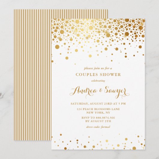 Invitation Faux Gold Confetti Dots Couples Douche (Devant / Derrière)