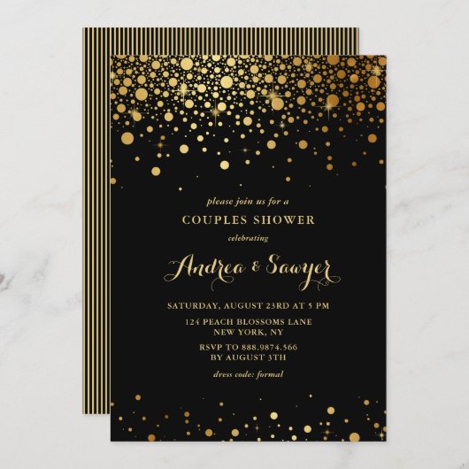 Invitation Faux Gold Confetti Dots Couples Noir Douche (Devant / Derrière)