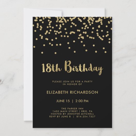 Invitation Faux Gold Confetti en noir | 18e fête d'anniversai (Devant)