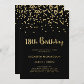 Invitation Faux Gold Confetti en noir | 18e fête d'anniversai (Devant / Derrière)