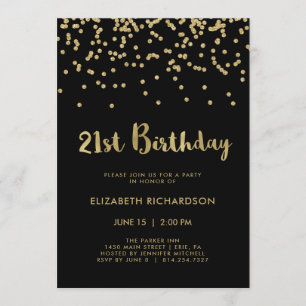 Invitation Faux Gold Confetti en noir  21e anniversaire