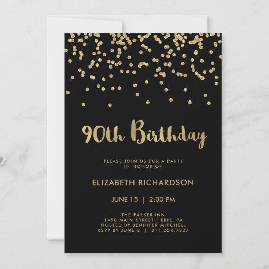 Invitation Faux Gold Confetti en noir| 90e anniversaire (Devant)