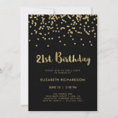 Invitation Faux Gold Confetti en noir | Fête du 21e anniversa (Devant)