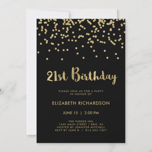 Invitation Faux Gold Confetti en noir | Fête du 21e anniversa (Devant)