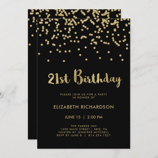 Invitation Faux Gold Confetti en noir | Fête du 21e anniversa (Devant / Derrière)