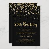 Invitation Faux Gold Confetti en noir| fête du 25e anniversai (Devant / Derrière)
