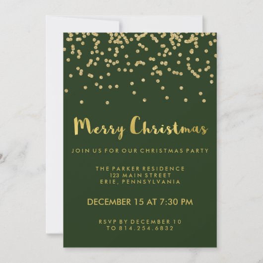 Invitation Faux Gold Confetti Green Joyeux Noël (Devant)