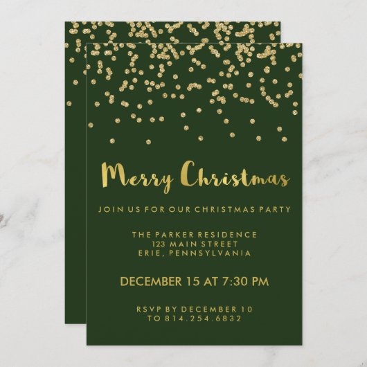 Invitation Faux Gold Confetti Green Joyeux Noël (Devant / Derrière)