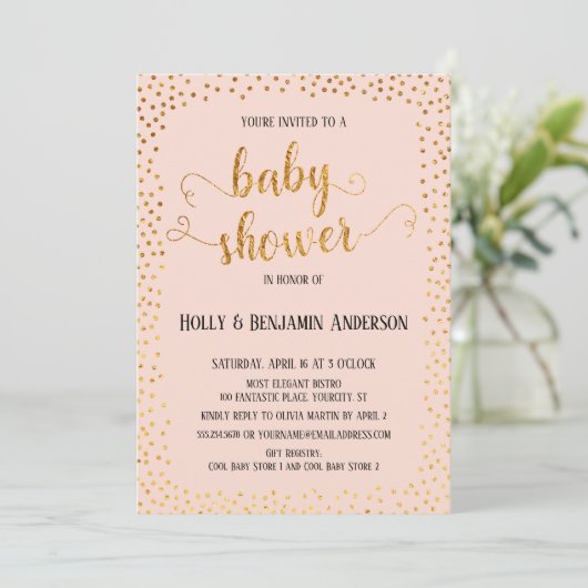 Invitation Faux Gold Confetti Typographie Baby shower (Debout devant)
