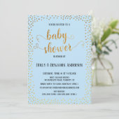 Invitation Faux Gold Confetti Typographie Baby shower bleu (Debout devant)