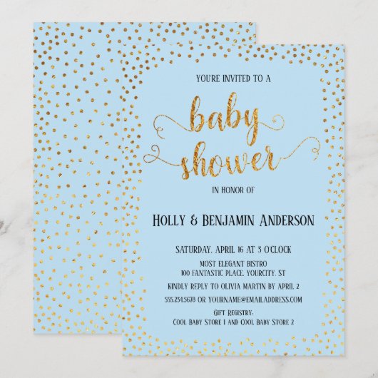 Invitation Faux Gold Confetti Typographie Baby shower bleu (Devant / Derrière)