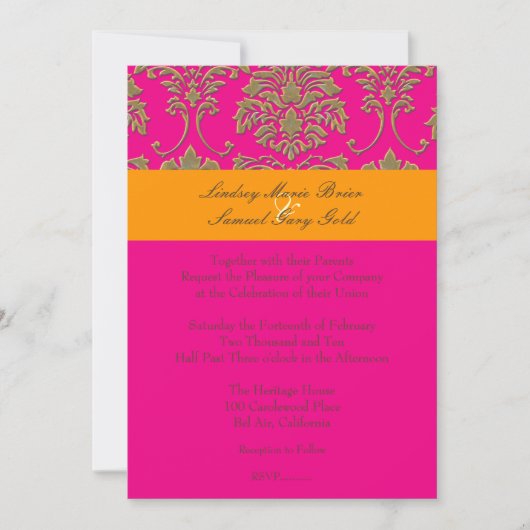 Invitation Faux Gold Damask/orange/rose chaud (Devant)
