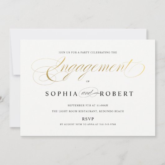 Invitation Faux Gold Elegant Calligraphie Fiançailles Monogra (Devant)