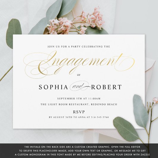 Invitation Faux Gold Elegant Calligraphie Fiançailles Monogra