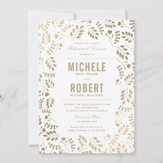 Invitation Faux Gold Elegant Floral Rehearsal Dîner Invitatio (Devant)