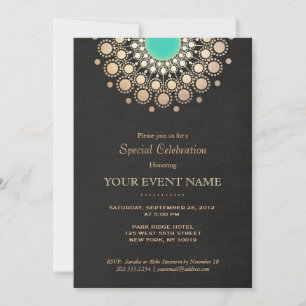 Invitation Faux Gold et Cercle Turquoise Mandala Noir