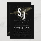 Invitation Faux Gold Feather Botanique Black Mariage Suite (Devant / Derrière)