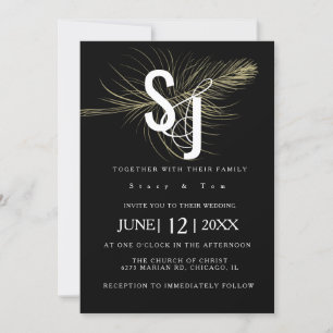 Invitation Faux Gold Feather Botanique Black Mariage Suite
