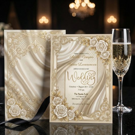 Invitation Faux Gold Filigree Satin Drapery Formal Wedding 