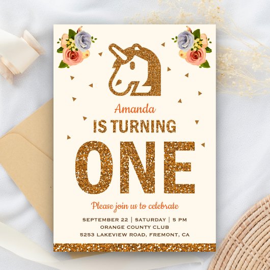Invitation Faux Gold Floral Unicorn Premier anniversaire fête