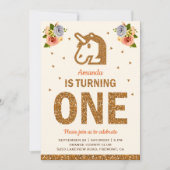 Invitation Faux Gold Floral Unicorn Premier anniversaire fête (Devant)