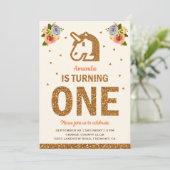 Invitation Faux Gold Floral Unicorn Premier anniversaire fête (Debout devant)