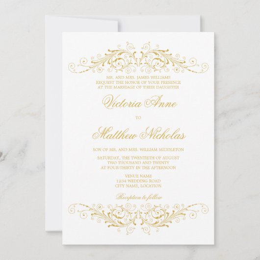 Invitation Faux Gold Flourdissant et Damask (Devant)